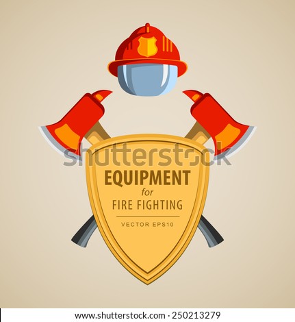 Colored vector vector illustration, icon. Firefighter Emblem or volunteer. Shield, ax, fireman helmet. Element for the magnet on the fridge or print for a T-shirt. Red, yellow, brown.