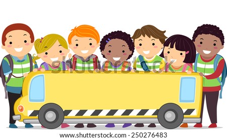 Stickman Illustration of Kids and Their Teacher Holding a Banner in the Shape of a Bus