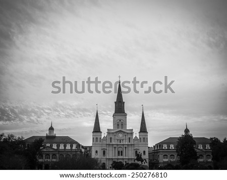 Black and white image of the St. Louis Cathedral in New Orleans