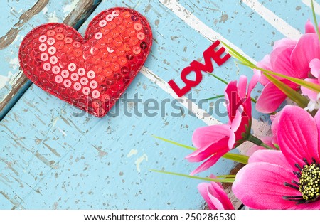 heart and flower on wooden board, Valentines day background