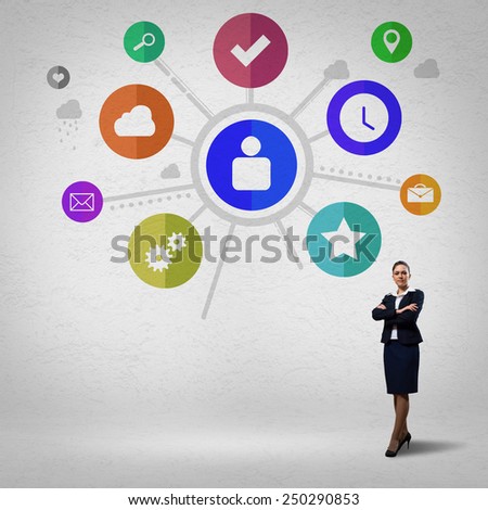 Businesswoman and color application icons at background