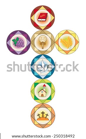 Illustration of cross with religion icons.