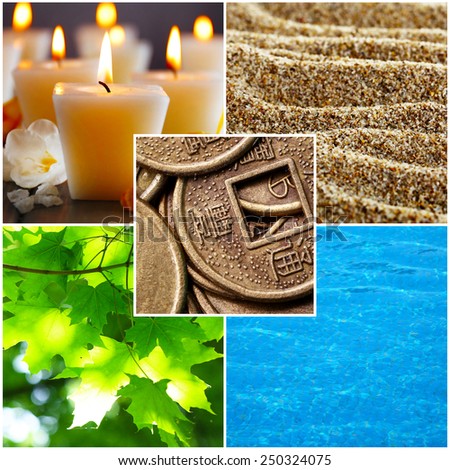 Collage of Feng Shui destructive cycle with five elements (water, wood, fire, earth, metal) Royalty-Free Stock Photo #250324075