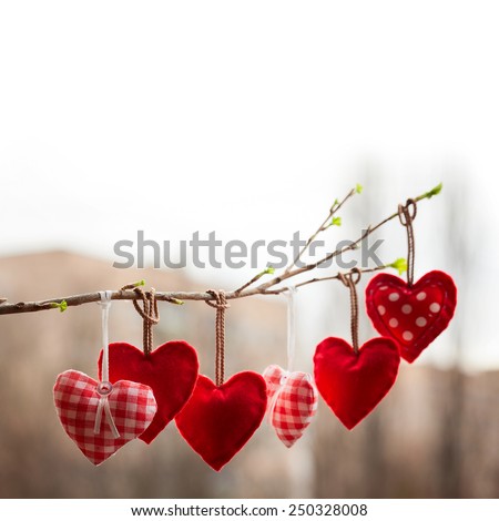 Valentine day love beautiful. Heart hanging on branch of tree on city street. Selective focus. Background blur bokeh