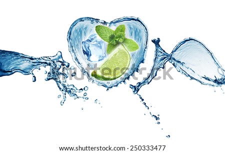 Valentine Heart from water splash, mint, ice and lime. Mojito