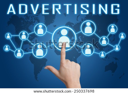Advertising concept with hand pressing social icons on blue world map background.