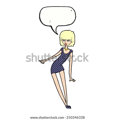 cartoon woman in dress leaning with speech bubble