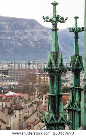 Bronze spires at the roof of Saint-Pierre cathedral in Geneva, Switzerland