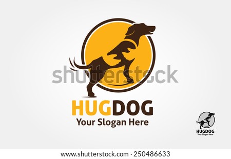 Hug Dog Vector Logo Illustration. Dog silhouette with spot on the body, but the spot could be as a human hand who hold the dog. it's good for Pet logo, veterinary, or dog lover logo. Royalty-Free Stock Photo #250486633