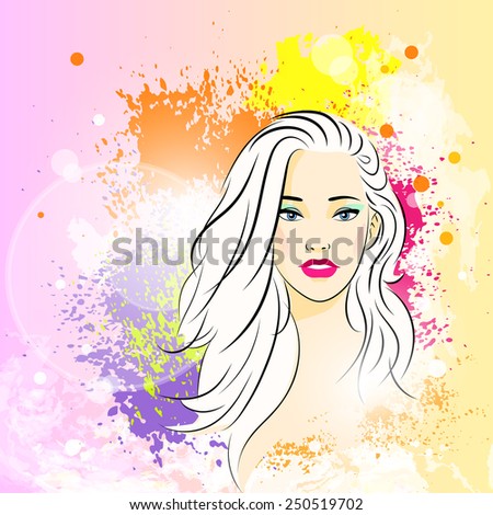 beautiful woman face colorful ink paint splash, young sketch girl vector illustration 