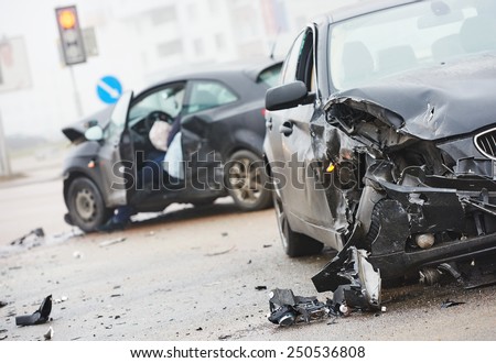 car crash accident on street, damaged automobiles after collision in city Royalty-Free Stock Photo #250536808