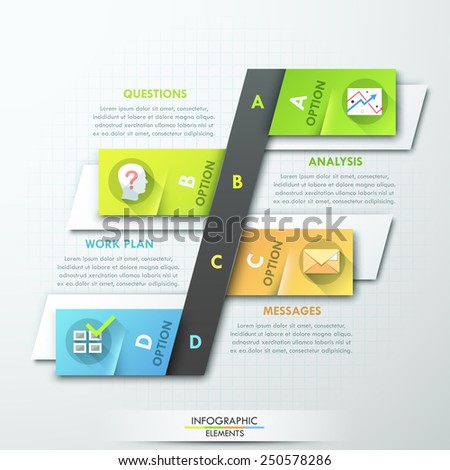 Modern infographic option banner with 4 paper rectangles and flat icons on grey background. Vector. Can be used for web design and  workflow layout