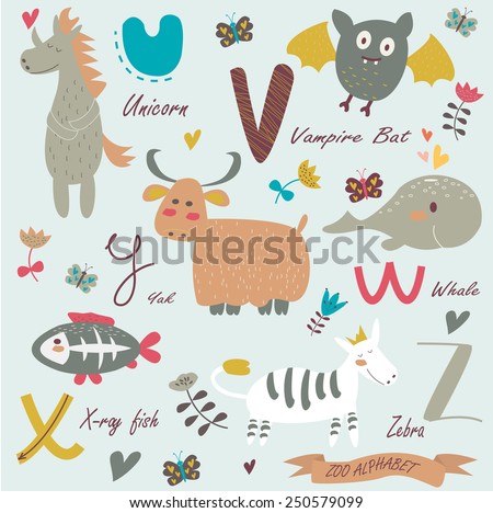 Zoo alphabet with cute animals. u,v,w,x,y,z letters. Unicorn, vampire bat, whale, x-ray fish, yak, zebra in cartoon style.