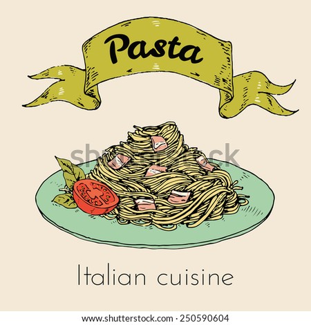 Hand-drawn vector illustration of Italian pasta for design menu. Carbonara