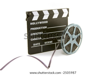 clapboard and film reel on white background