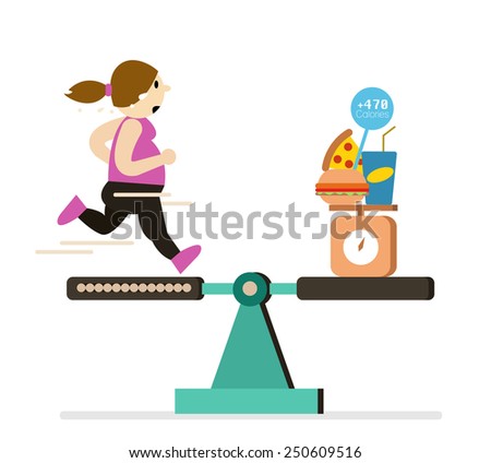Fat girl running balance with food are over calories. flat design element. Vector illustration.