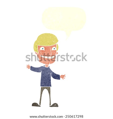 cartoon grinning man with speech bubble