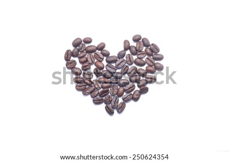 Love shape made from roasted coffee bean on white background