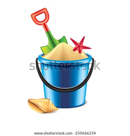 Toy bucket and spade isolated on white photo-realistic vector illustration