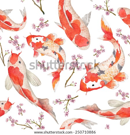 Watercolor oriental pattern with rainbow carps. Seamless oriental texture with isolated hand drawn fishes and blossom cherry. Asian natural background in vector