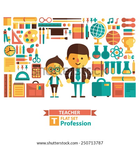Set of vector icons and characters. Teacher, education, school. Flat style