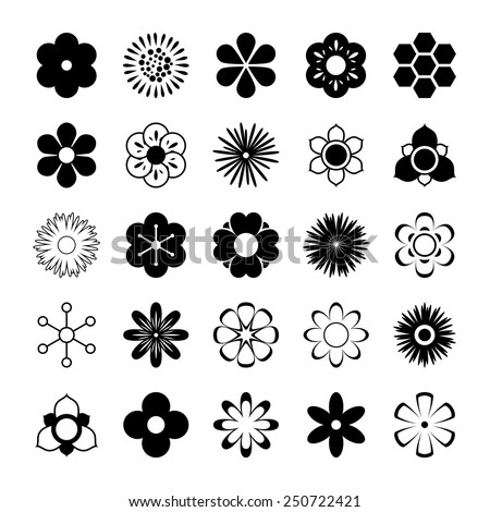 Set of black and white silhouettes of flowers