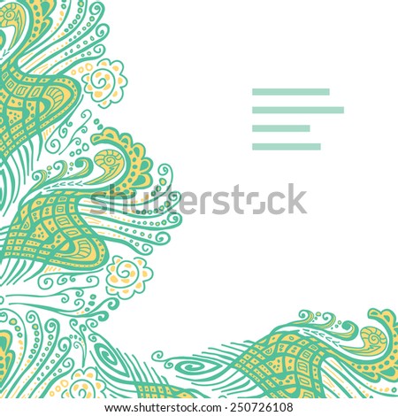 Vector abstract invitation card with green abstract wave. Lace ornament. Template wavy frame design for card