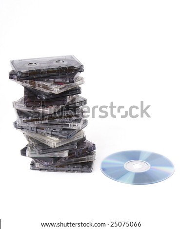 cassettes with CD disk isolated over white background