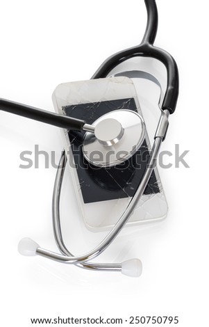 Close-up Of Stethoscope With Cracked Mobile Screen On White Background
