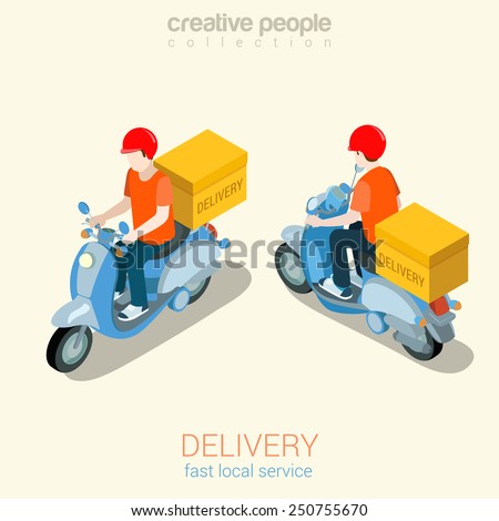 Scooter delivery man flat 3d web isometric infographic concept vector template. Creative people collection.
