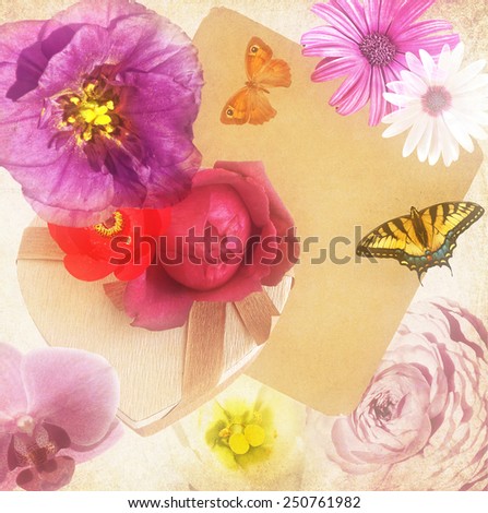 Textured old paper blurry background with beautiful flowers, butterflies and Heart shape gift box in soft focus magic light. Flower texture abstract background. Nature gift abstract background 