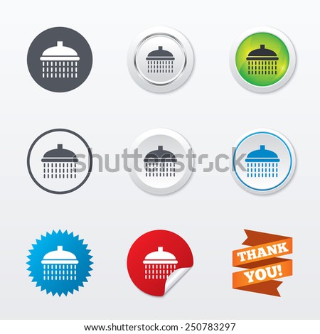 Shower sign icon. Douche with water drops symbol. Circle concept buttons. Metal edging. Star and label sticker. Vector