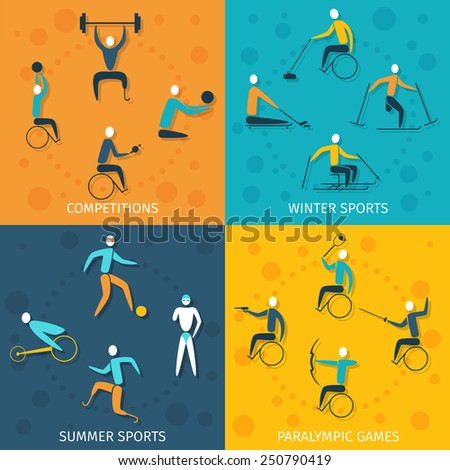 Disabled sports design concept set with winter and summer competition paralympic games flat icons isolated vector illustration