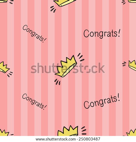 Funny cute new born welcome baby girl inscription and crown vector seamless pattern on striped pink background. Set of isolated elements. Chess grid order pattern.