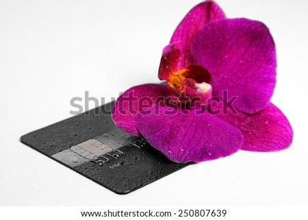 beautiful orchid flower lying on a credit card with droplets. small depth of field. spa business concept