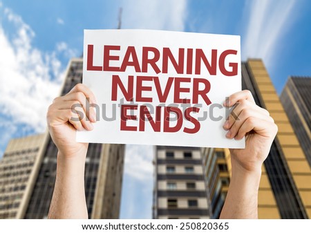 Learning Never Ends card with a urban background