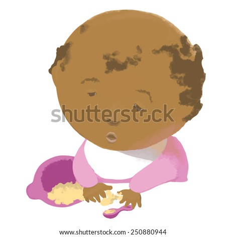 Black child eats and plays with food. Vector. May be used not only on white background. 