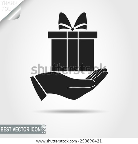 Gift Box with Bow on Hand Pictograph, icon, Surprise sign, Birthday Present symbol - vector illustration, you can change form and color
