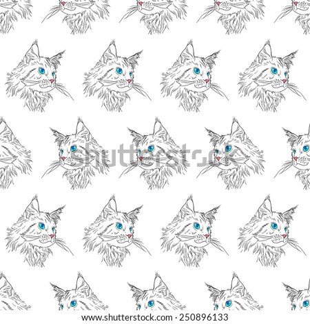 Maine coon cat portrait. Hand drawn vector illustration. Pet seamless pattern background