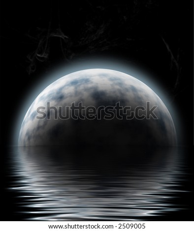 large moon reflecting over smooth waves on water blurred stars on black outer space nice web background Royalty-Free Stock Photo #2509005