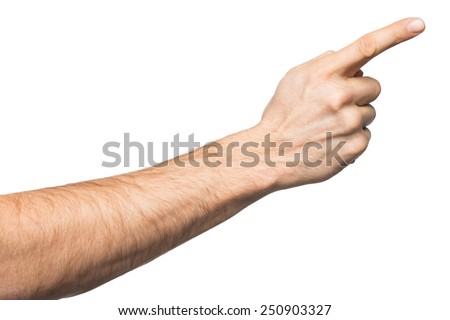 Closeup of male hand pointing. Isolated on white background Royalty-Free Stock Photo #250903327
