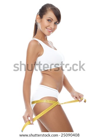 Young beautiful woman with measure tape on white Royalty-Free Stock Photo #25090408