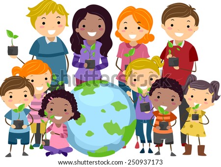 Illustration of Stickman Kids and Adults Carrying Saplings Standing Beside a Globe