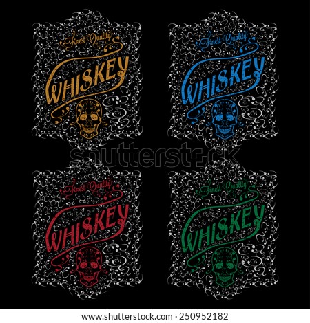 grunge whiskey labels with skull and flower ornament