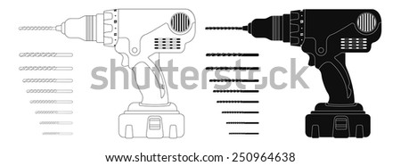 Electric cordless hand drill with bits. Contour line and black clip art vector illustration isolated on white 