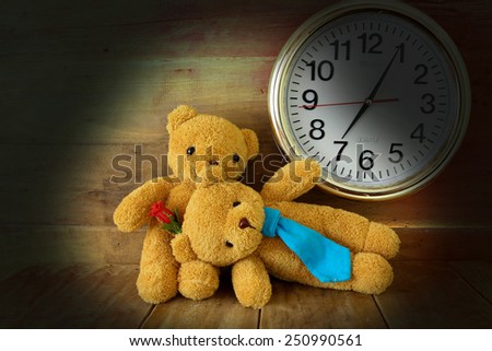 couples teddy bear  on wood background,vintage tone.