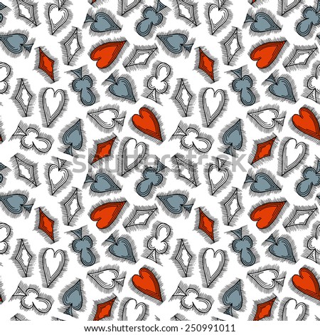 Seamless pattern with card suits, hand drawn symbols. No clipping mask and gradients. 