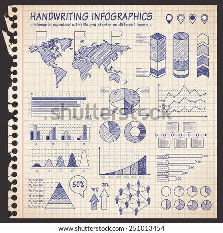 A comprehensive Template set for infographics with a sketchy Notebook Effect.  - Bar charts - Graphs - Pie Charts - Detailed World Map - Pointer Icons Vector file is organized with layers.