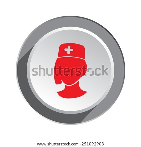 Medical hospital worker, doctor, nurse icon. Woman face cartoon with hat with cross. 3d round button with shadow. Vector