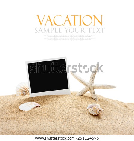 seashells and old picture frame isolated on white background. The text serves as a model and can be easily removed